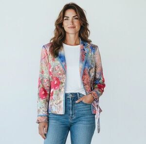 Vintage Boho Chic Floral Blazer Jacket Sz 10 Stretch Cropped Whimsical Lace Up